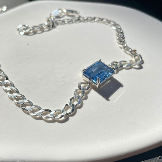 Sterling Silver Choker Necklace with Rectangular London Blue Topaz