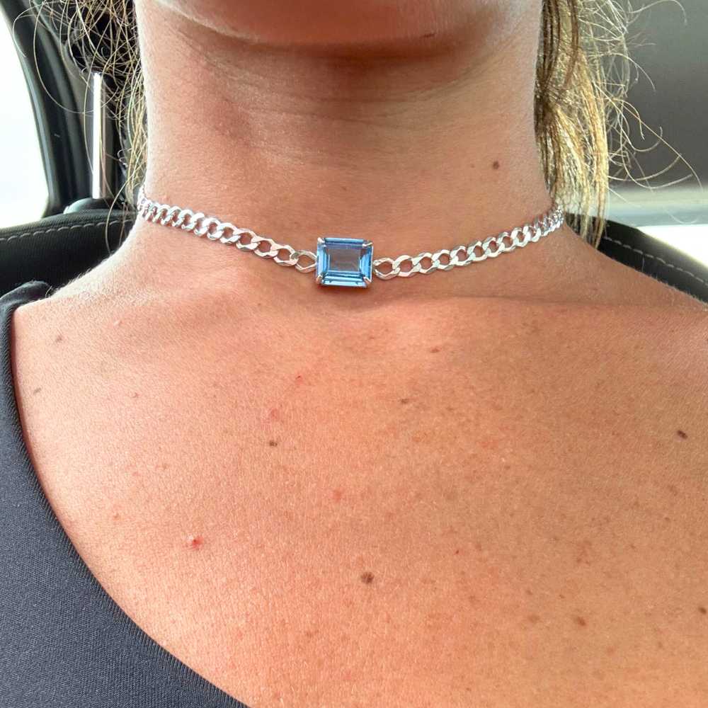 Sterling Silver Choker Necklace with Rectangular London Blue Topaz