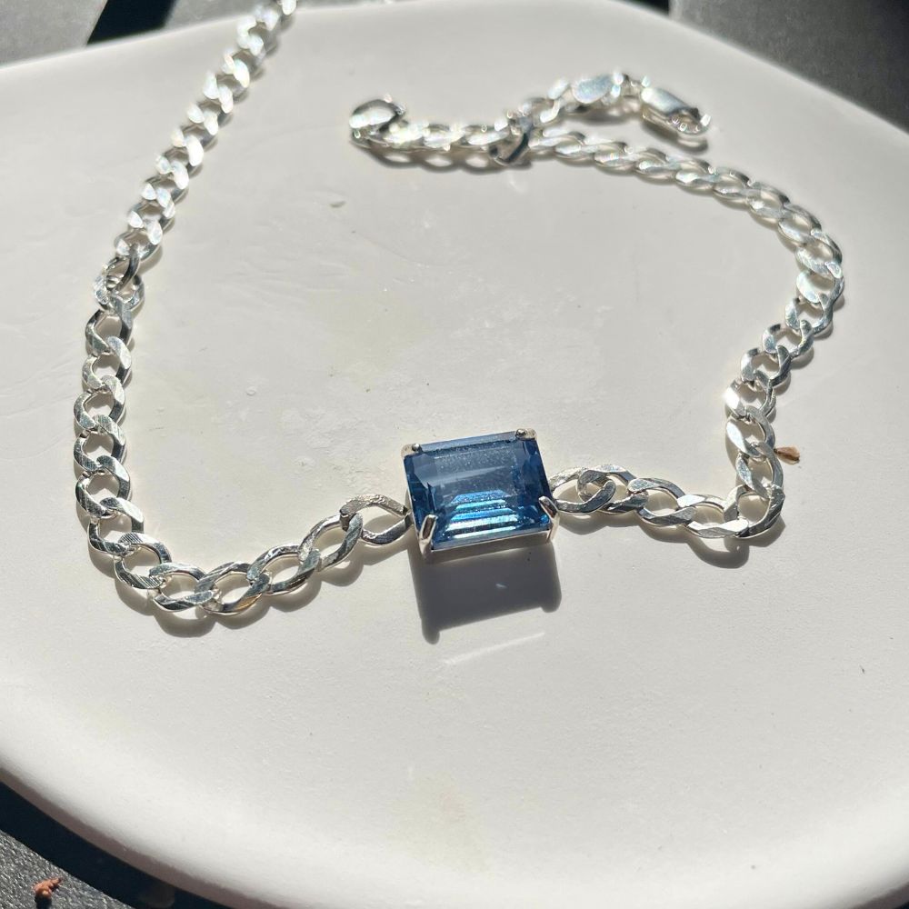 Sterling Silver Choker Necklace with Rectangular London Blue Topaz