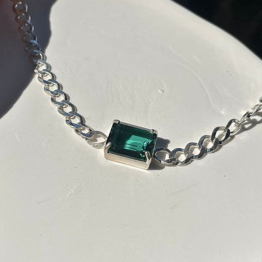 Sterling Silver Choker Necklace with Rectangular Green Tourmaline