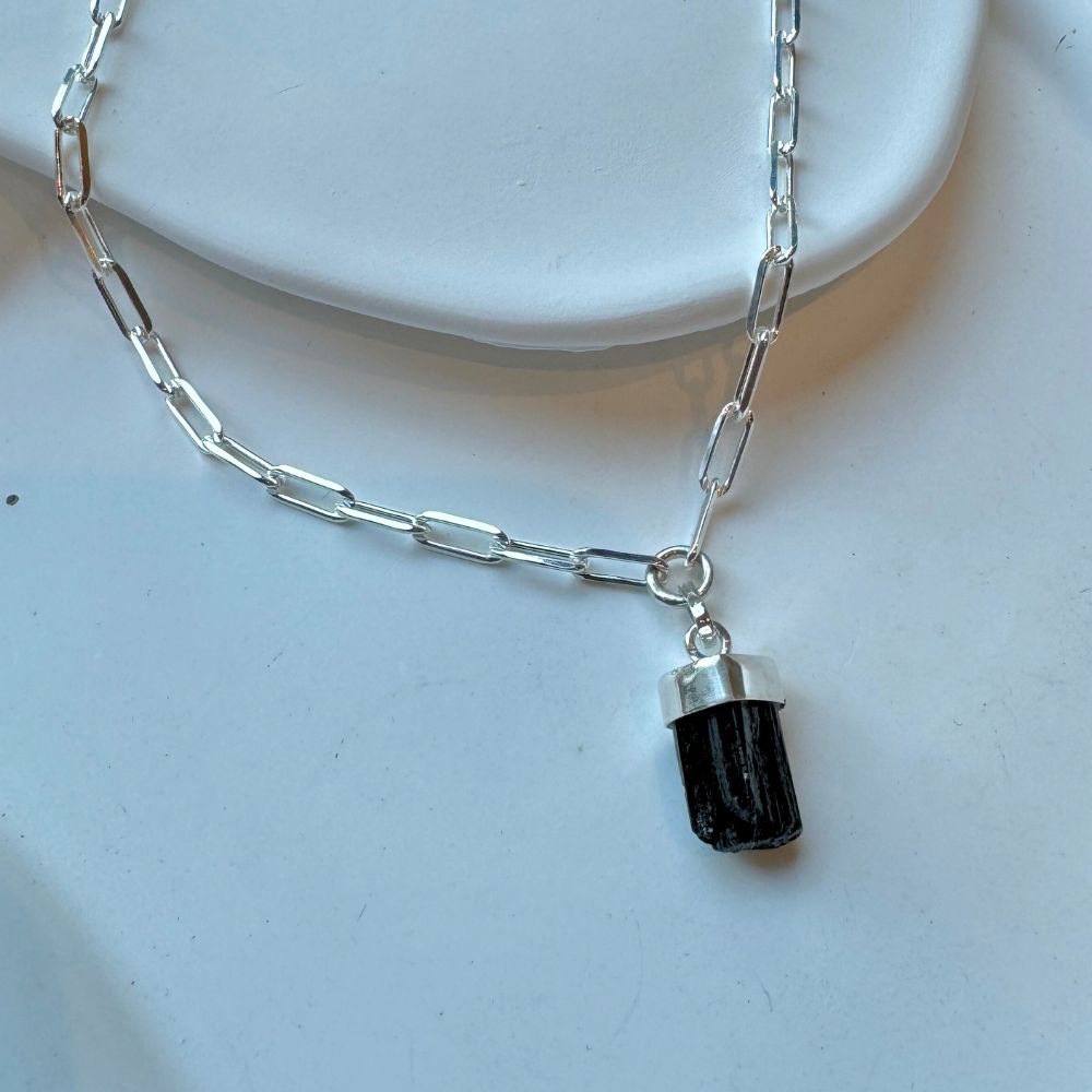 Sterling Silver Choker with Raw Black Tourmaline