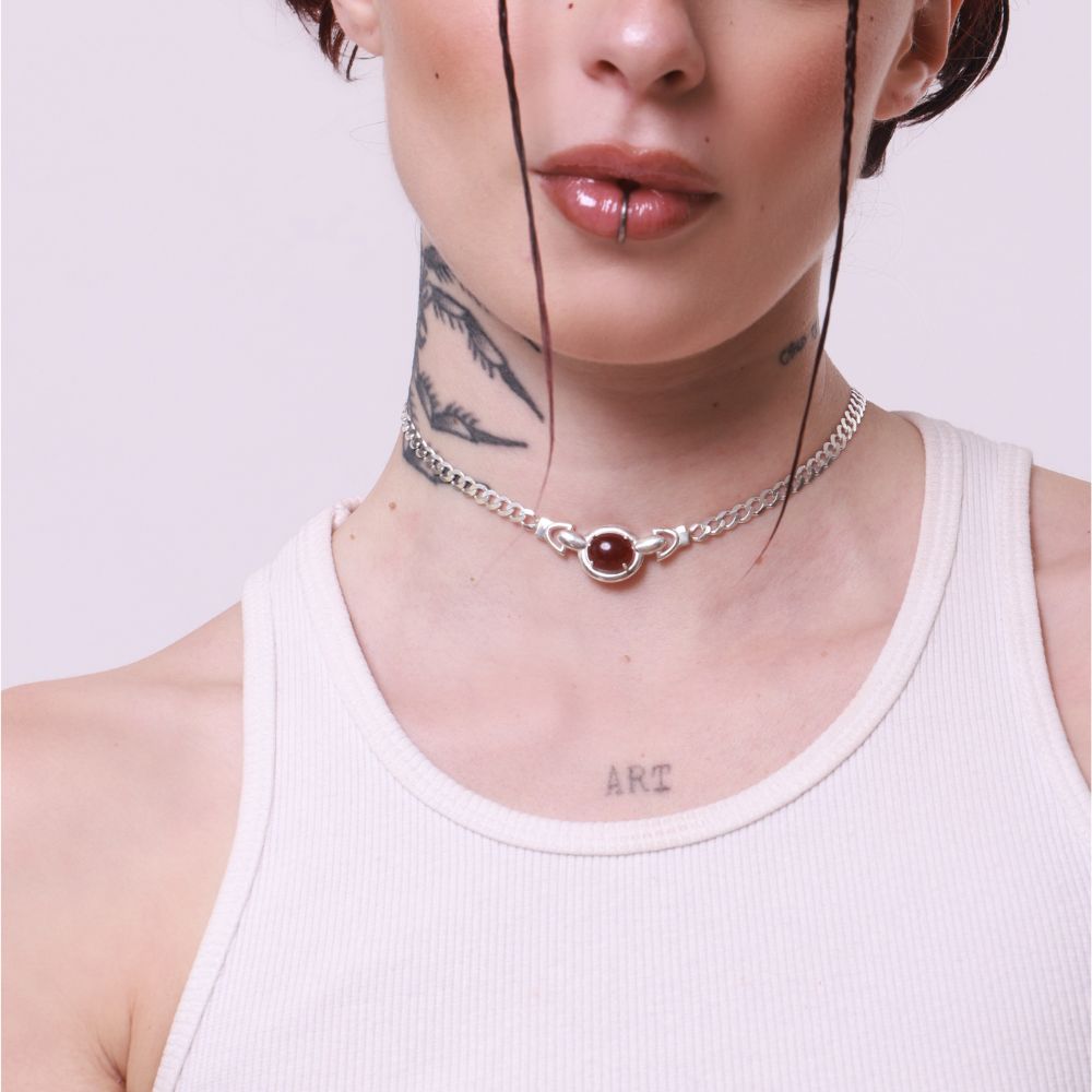 Mars Sterling Silver Choker with Oval Red Jade
