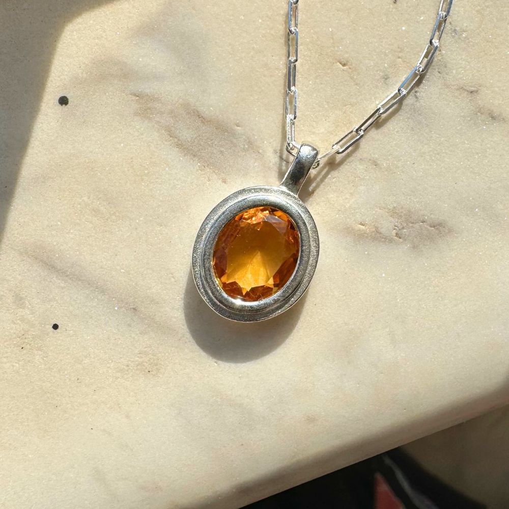 Silver Necklace with Natural Citrine Oval Medallion