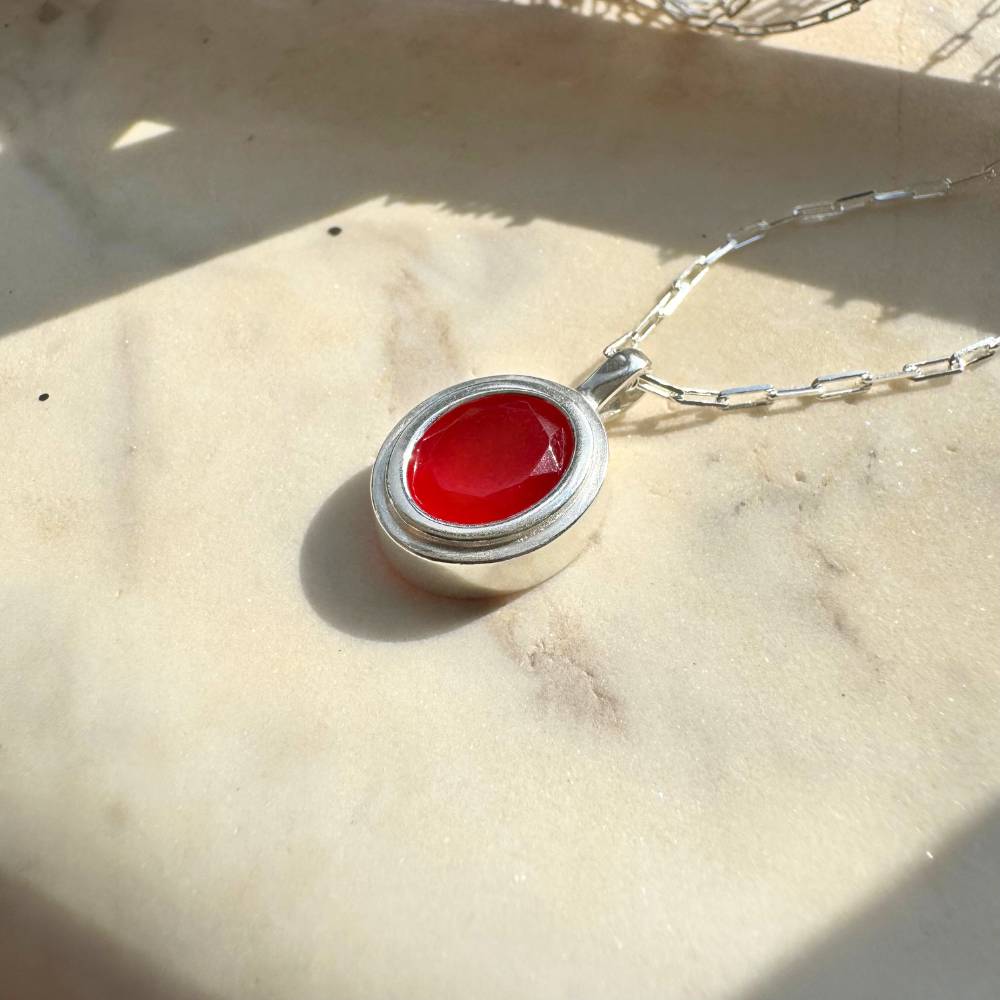 Silver Necklace with Natural Red Jade Oval Medallion