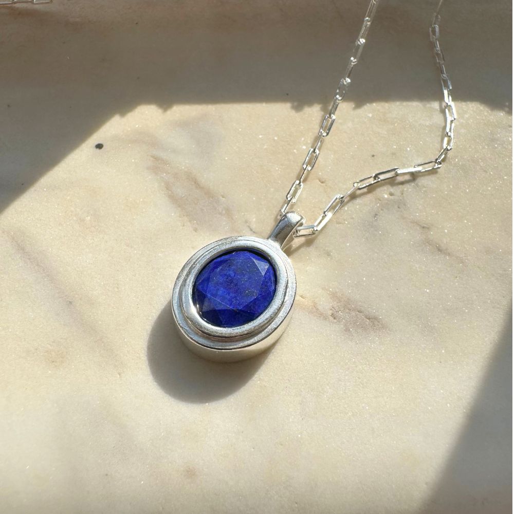Silver Necklace with Natural Lapis Lazuli Oval Medallion