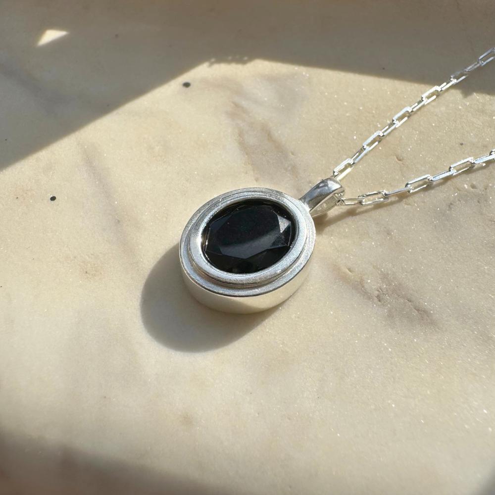 Silver Necklace with Natural Black Tourmaline Oval Medallion