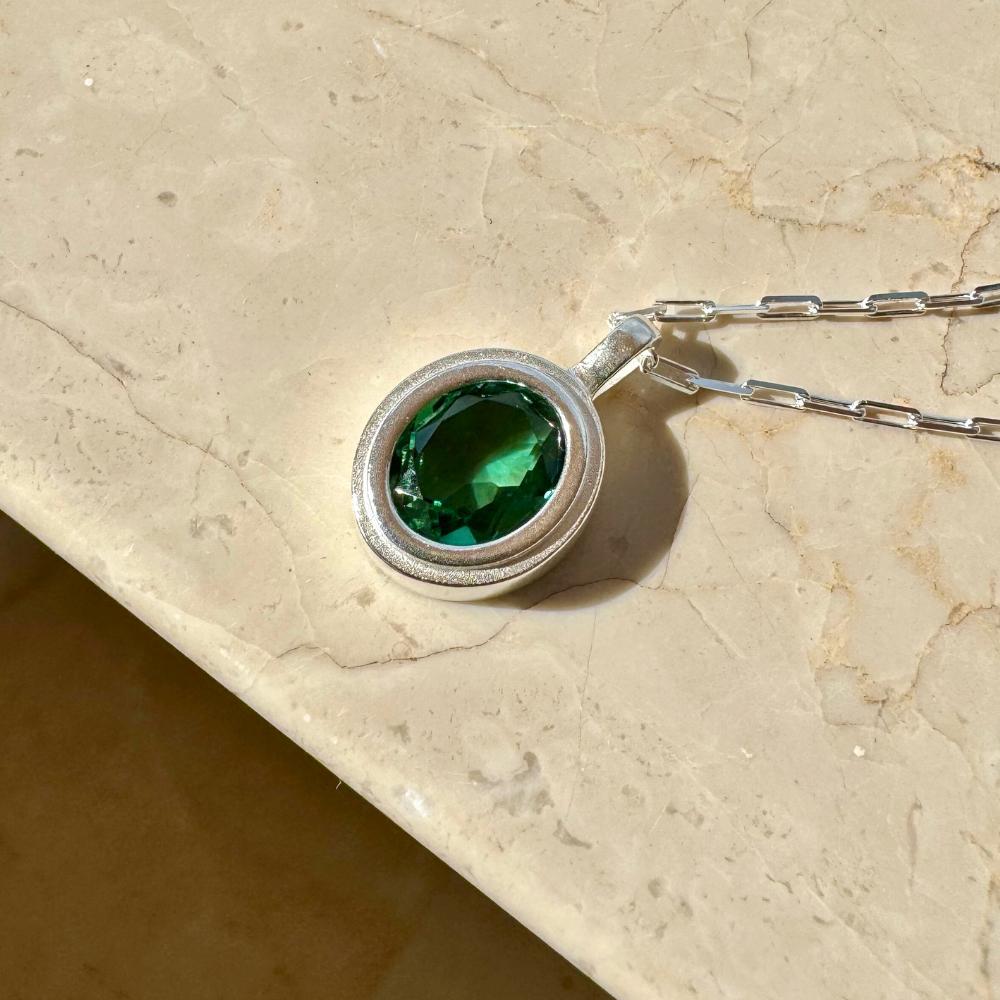 Silver Necklace with Natural Green Tourmaline Oval Medallion