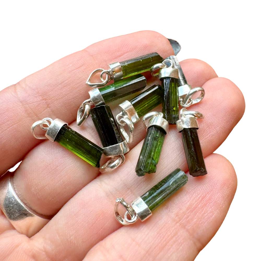 Mini Natural Green Tourmaline Silver Pendant