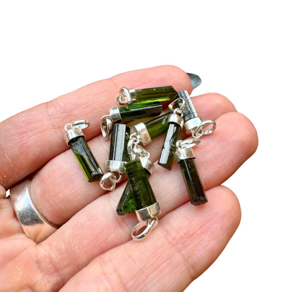 Mini Natural Green Tourmaline Silver Pendant