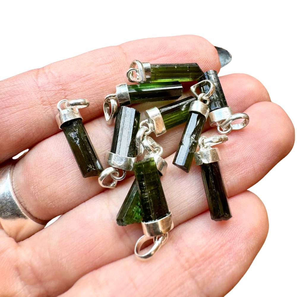 Mini Natural Green Tourmaline Silver Pendant