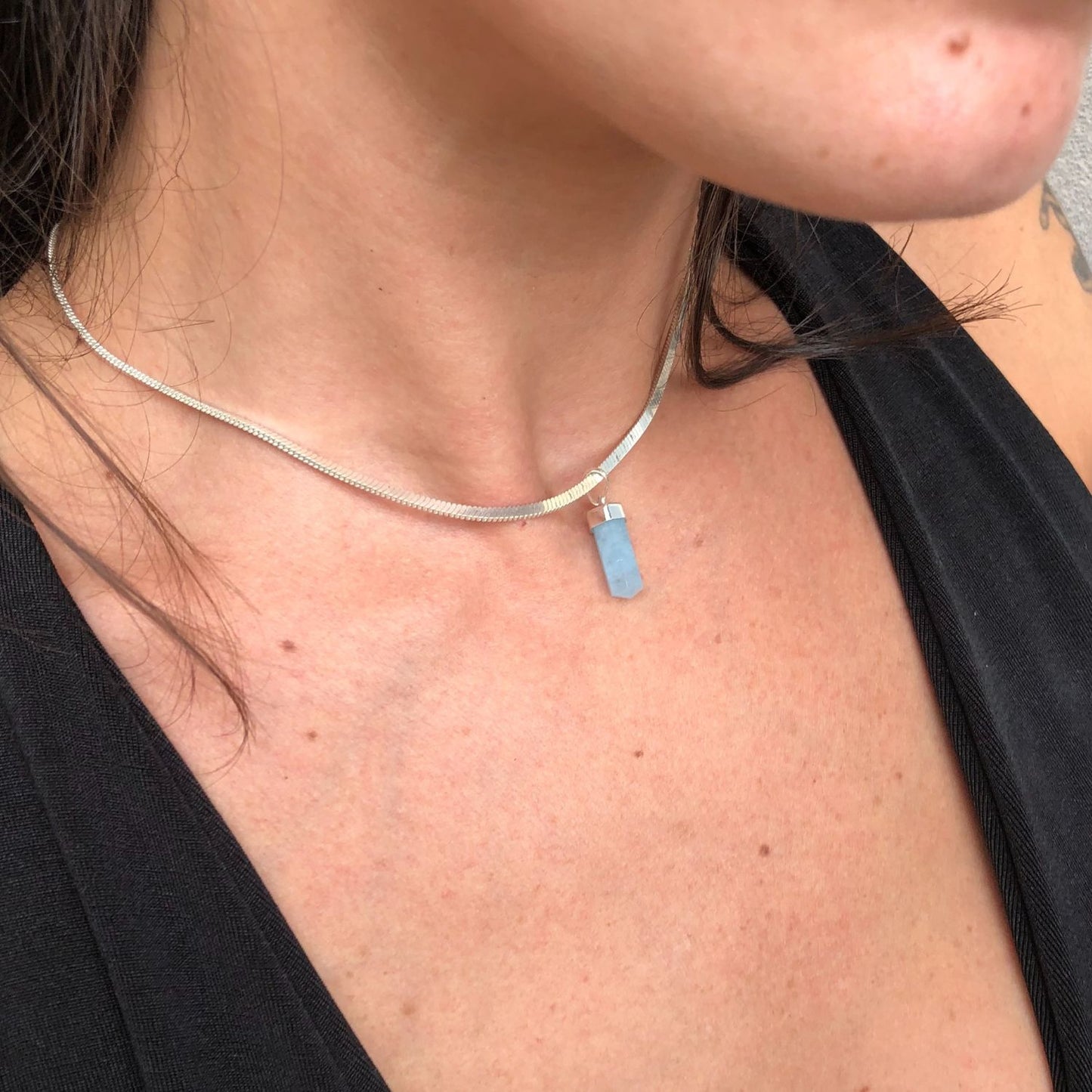 Aquamarine Mini Water Drop Crystal and Noble Silver Pendant
