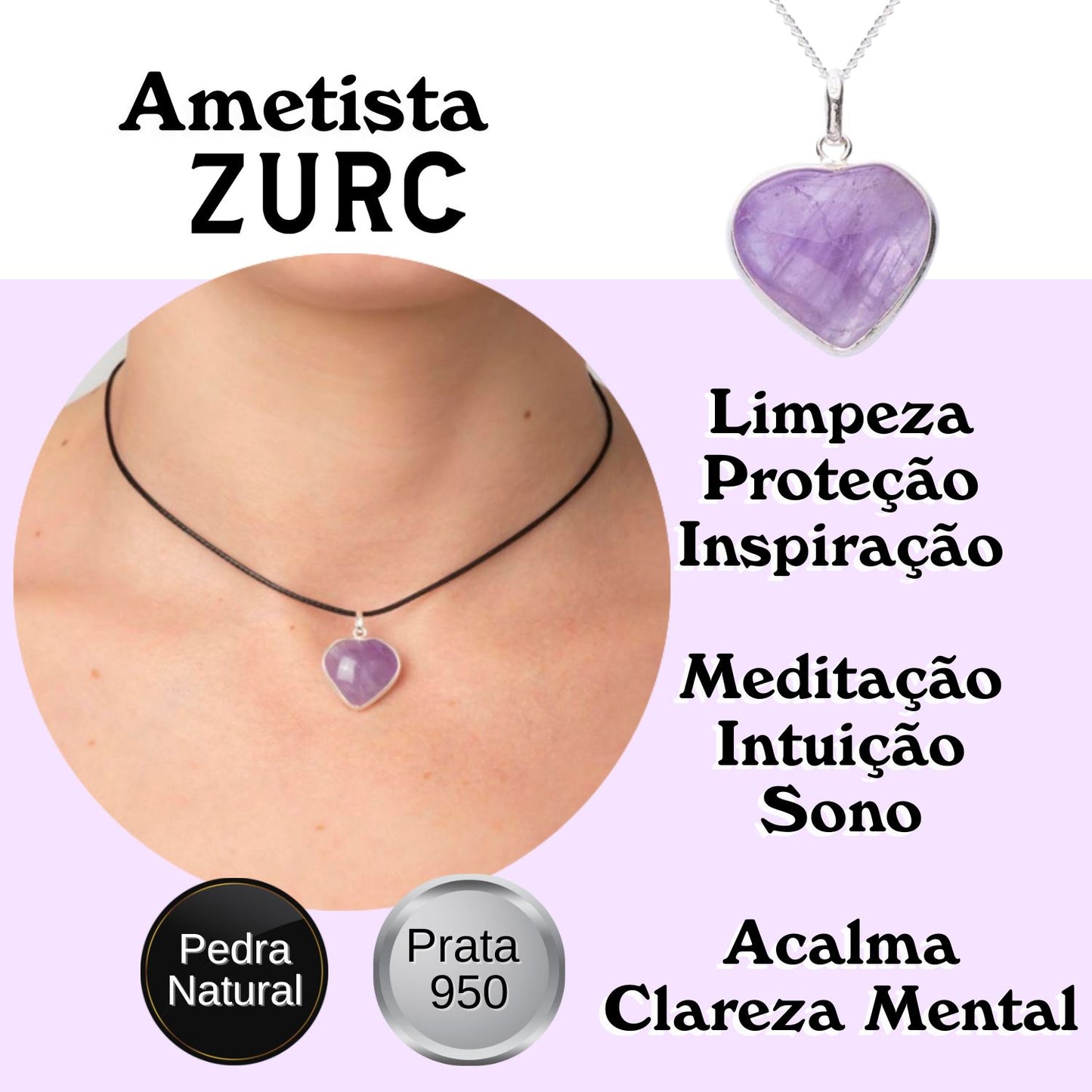 Noble Silver Heart Pendant with Small Amethyst Natural Stone