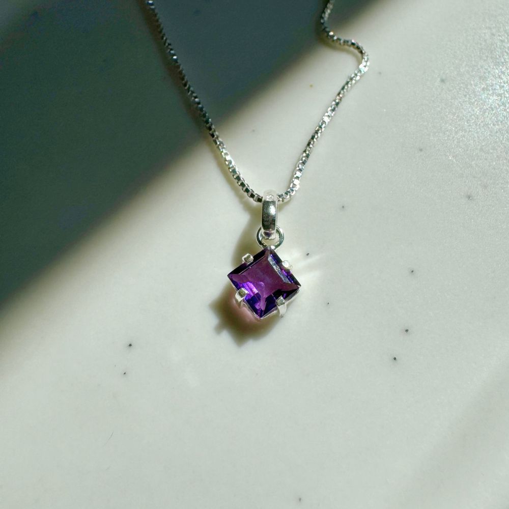 Square Amethyst Mini Highlight Silver Pendant