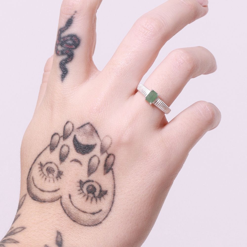 925 Silver Solitaire Ring Natural Green Quartz Stone