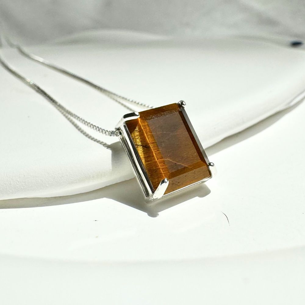 Cornell Silver Necklace 925 with Natural Tiger Eye Rectangular Stone | Voices Collection