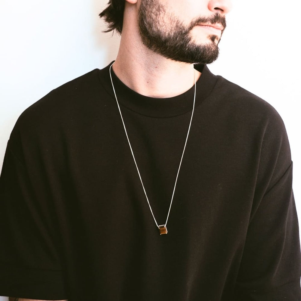 Cornell Silver Necklace 925 with Natural Tiger Eye Rectangular Stone | Voices Collection