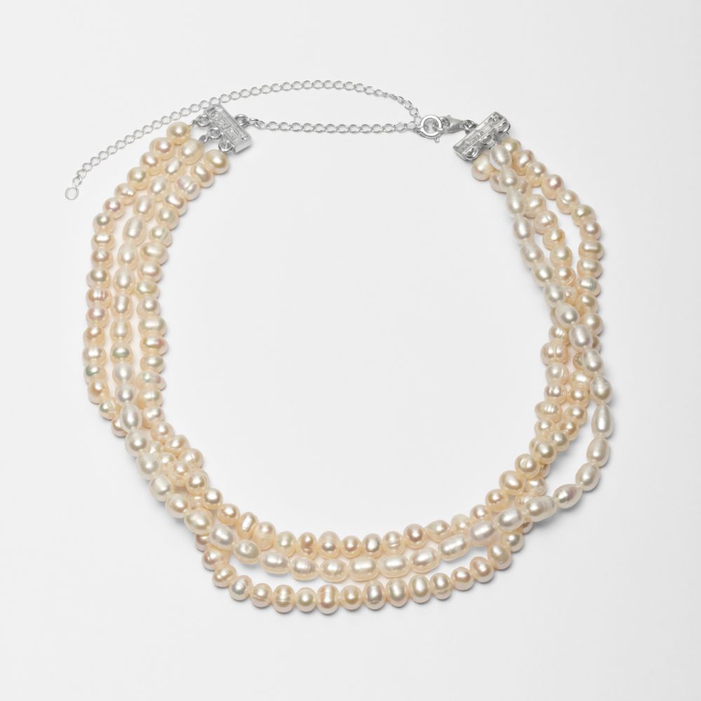 Triple Natural Pearl Necklace 925 Silver