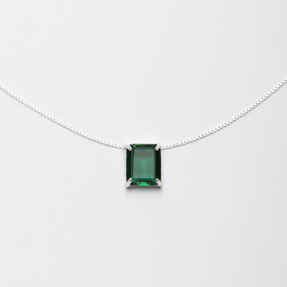 Hendrix Silver Necklace 925 with Natural Green Tourmaline Rectangular Stone | Voices Collection