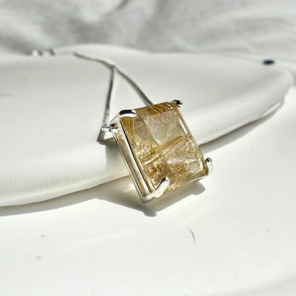 Shakur Silver Necklace with Natural Rutile Quartz Rectangular Stone | Voices Collection