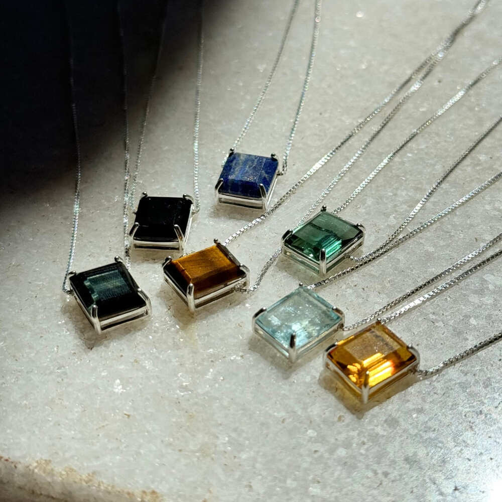 Shakur Silver Necklace with Natural Rutile Quartz Rectangular Stone | Voices Collection