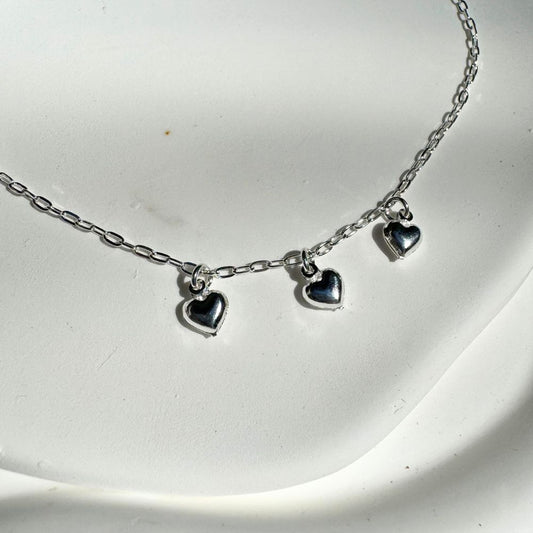 925 Sterling Silver 3 Hearts Choker