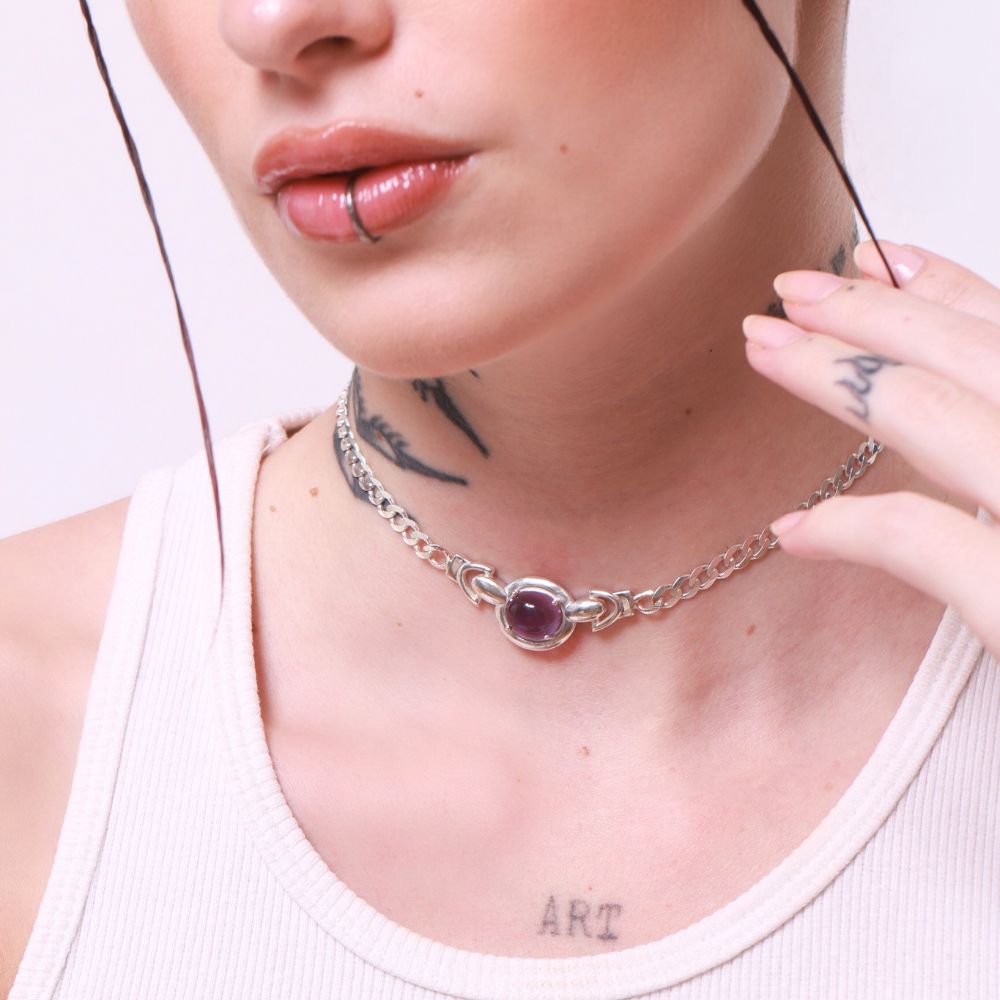Sterling Silver Choker Necklace with Amethyst