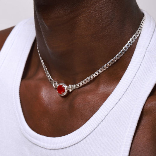 Sterling Silver Choker with Faceted Red Jade