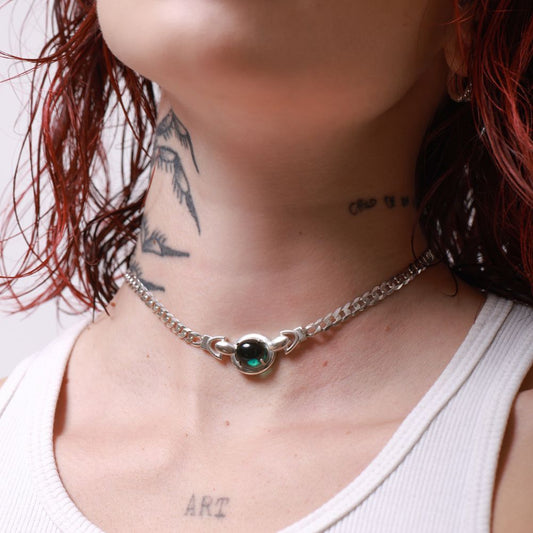 Serpent Eye Sterling Silver Choker with Oval Green Tourmaline