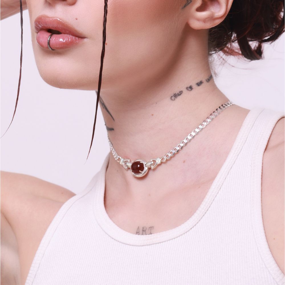 Mars Sterling Silver Choker with Oval Red Jade