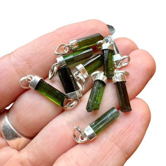 Mini Natural Green Tourmaline Silver Pendant