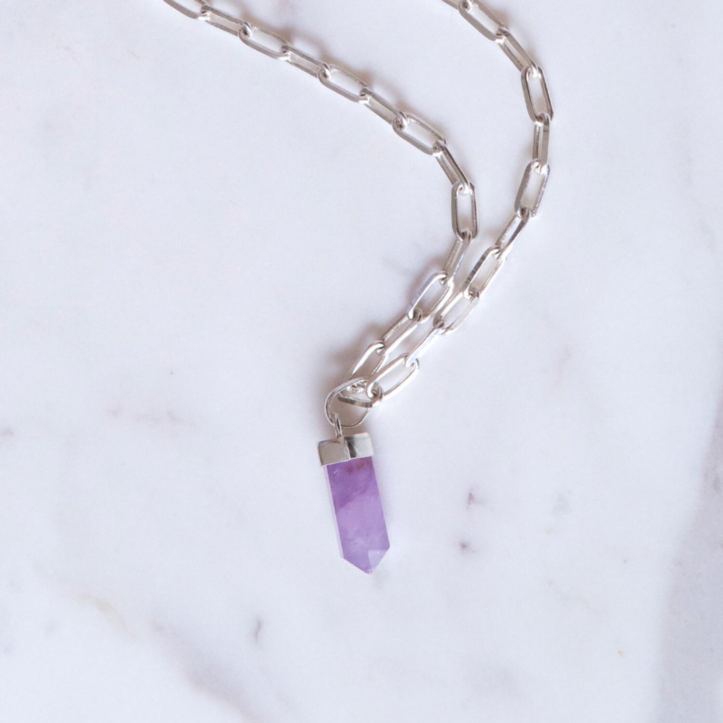 Amethyst Mini Water Drop Crystal and Noble Silver Pendant