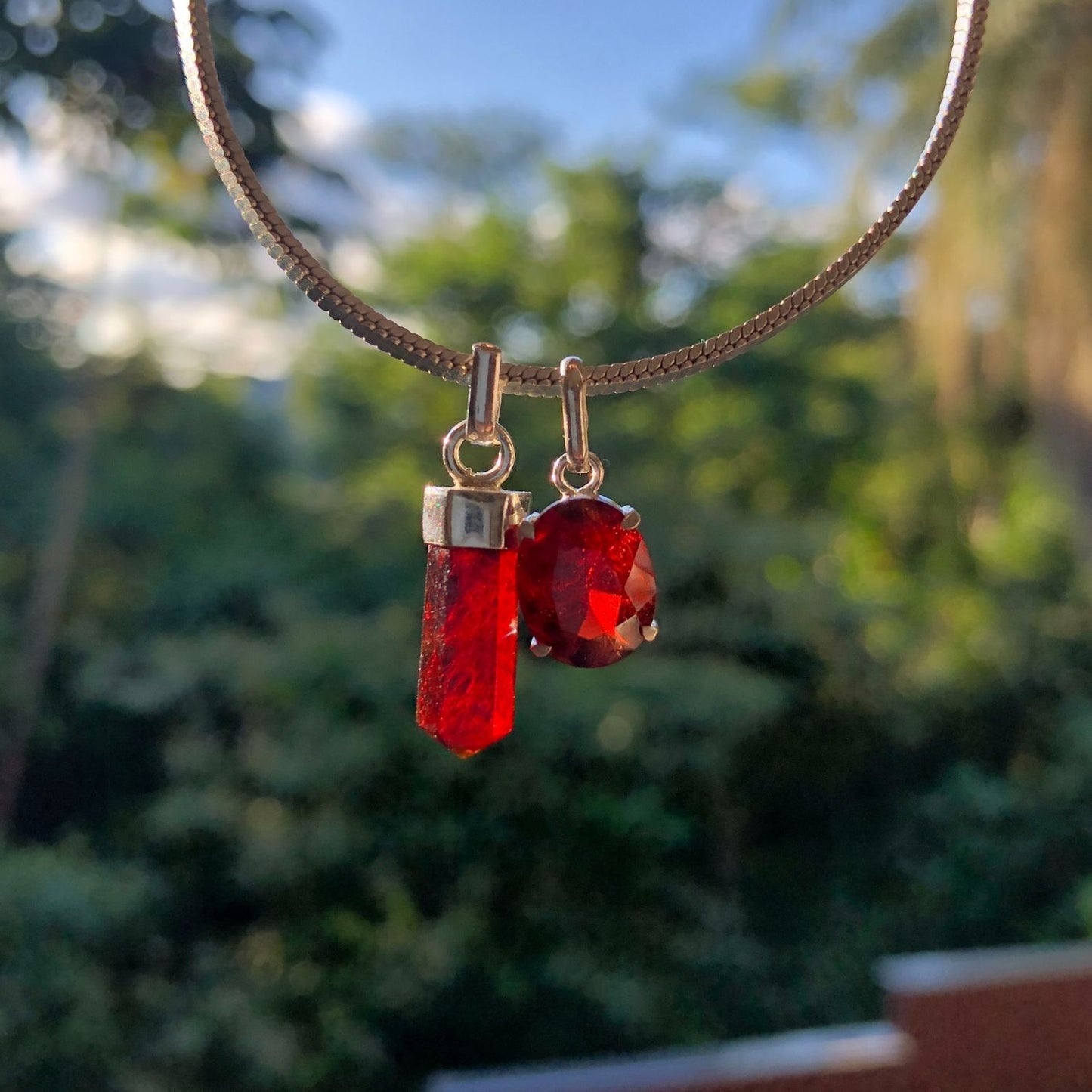 Garnet Mini Water Drop Crystal and Noble Silver Pendant