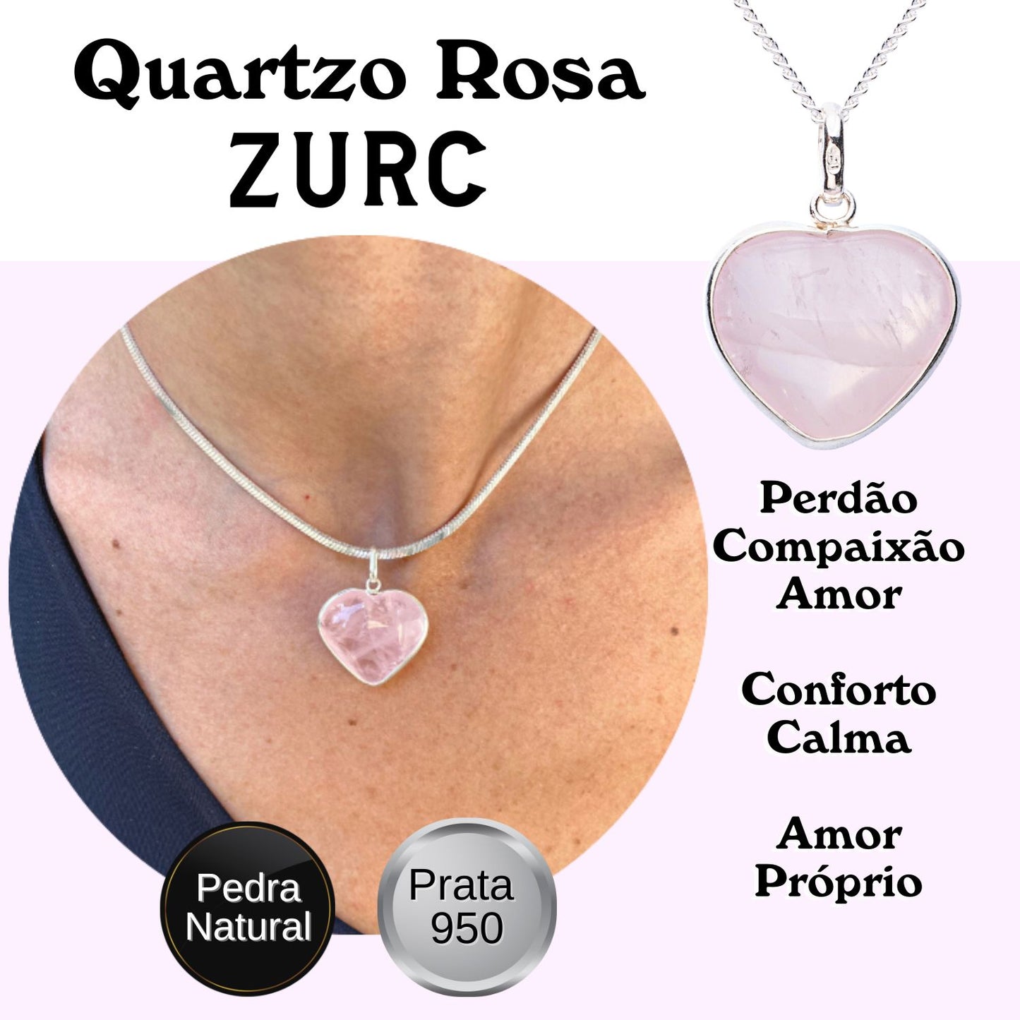 Noble Silver Heart Pendant with Small Rose Quartz Natural Stone
