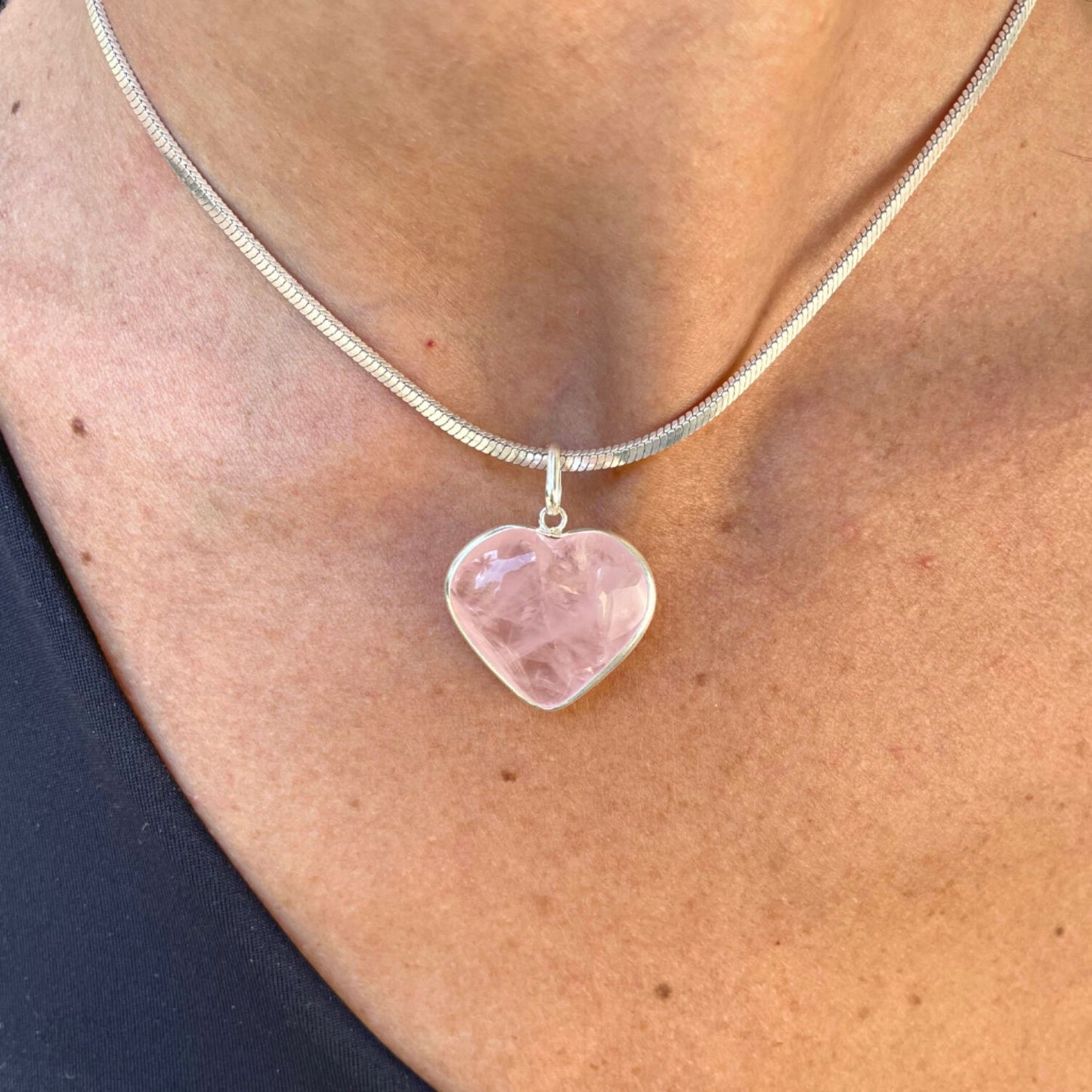 Noble Silver Heart Pendant with Small Rose Quartz Natural Stone